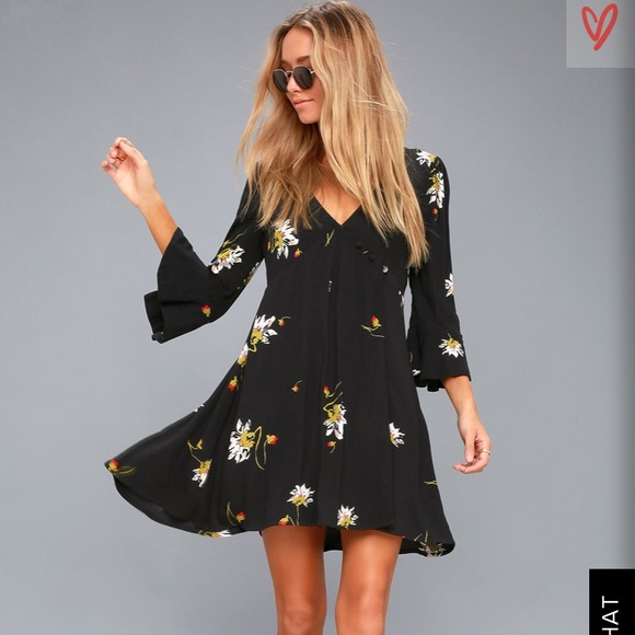 Free people black floral print wrap dress - Picture 1 of 2